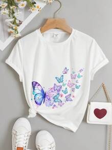 SHEIN Tween Mädchen-t-shirt Mit Schmetterlingsdruck, Lässig, Einfach, Kurzärmelig