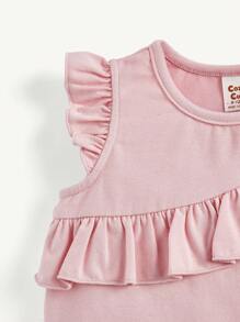 2pcs Baby Girls' Sleeveless Ruffle Trim Round Neck Top Set, Solid Color - Multicolor - View 3