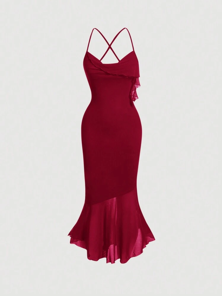 open lace back dress VESPER Red Bengaline Sleeveless Square Neck Fishtail Midi Dress UK 10 –  Reliked
