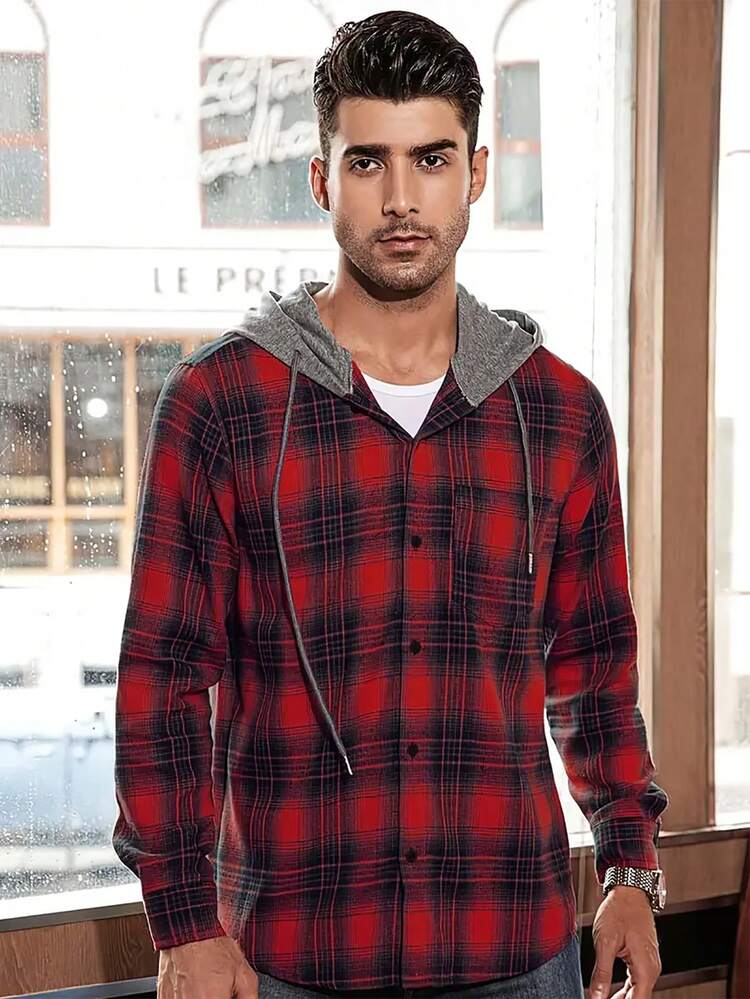Men'S Hooded Plaid Shirt - Multicolor - View 3
