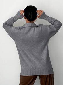 EURMUSE Women's Half Zipper Open Front Drop Shoulder Knit Sweater - Grey - View 2