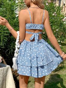 Soleia Floral And Gingham Pattern Backless Cami Romper - Blue - View 2