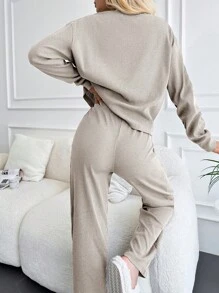 EURMUSE Cotton Drop Shoulder Tee & Wide Leg Pants - Beige - View 2