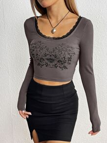 平面t恤女款長袖船領哥特蕾絲修剪短款上衣y2k - 灰色 - 查看 1