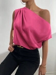 Chiquease Blusa asimétrica con cuello fruncido y un solo hombro - Rosa Oxidada - Ver 3