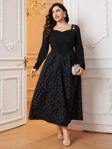 Modelyn Của phụ nữ Kích thước lớn Vá lại In hoa Pha lê Trang trí Đầm - màu đen - Xem 1