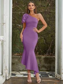Vestido ajustado elegante de un solo hombro con decoración de moño para el verano - Morado - Ver 5