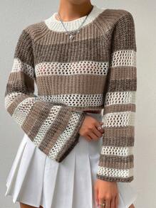 Flirla Women's Color Block Striped Round Neck Raglan Sleeve Casual Knit Pullover Fall Winter Sweater - Mocha Brown - View 5