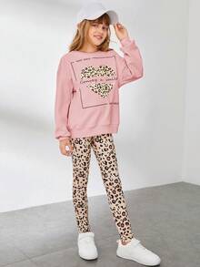 SHEIN Tween 女童豹纹字母印花运动衫和紧身裤休闲两件套 - 淺粉色 - 查看 4