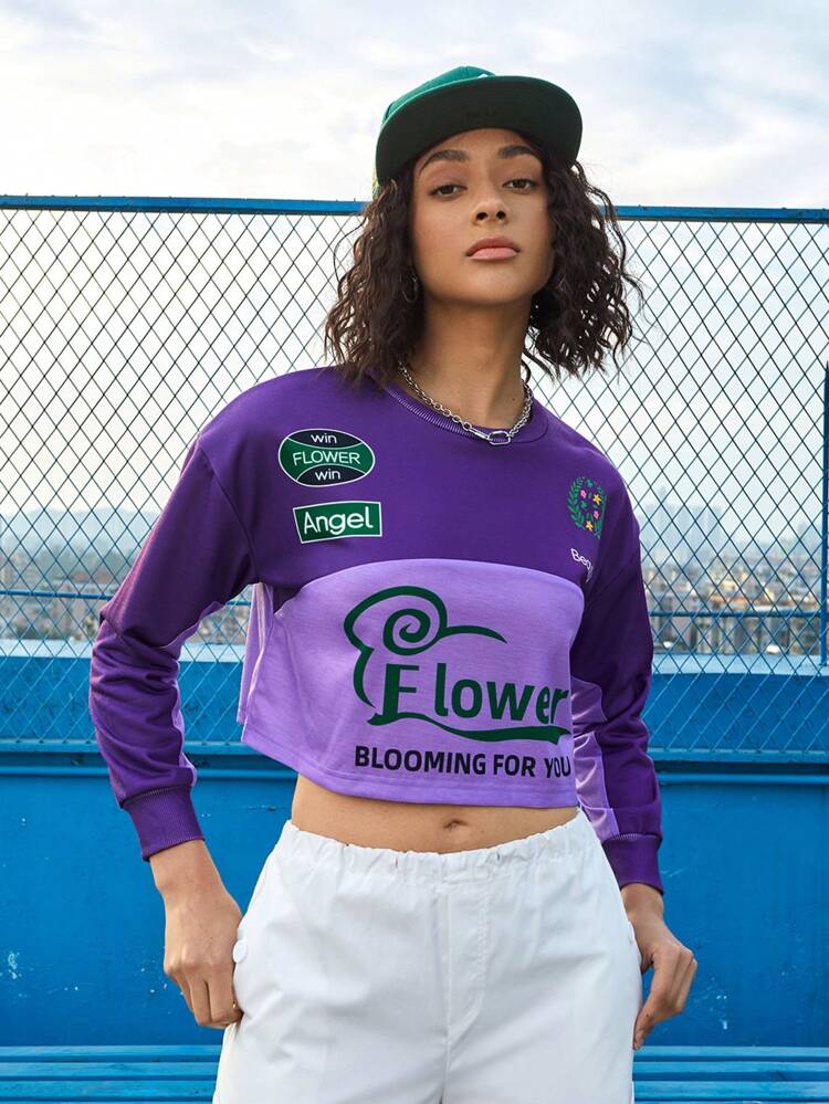 Double-Sided Fabric Splicing Cropped Round Neck Long Sleeve Sweatshirt