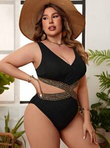 SHEIN Swim Curve Traje De Baño De Una Pieza Con Cintura Recortada Y Panel En Contraste De Talla Grande Festival De Música - Negro - Ver 4