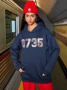 Gameset SHEIN Sport 女字母印花連帽運動衛衣 - 寶藍色 - 查看 1