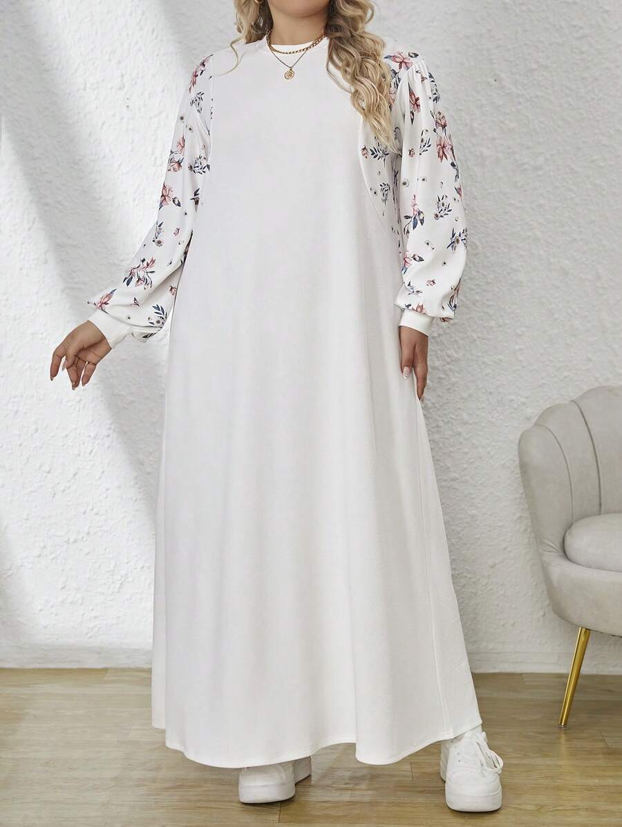 SHEIN LUNE 女士加大碼花卉印花圓領長袖拼接裙 - 白色 - 查看 1