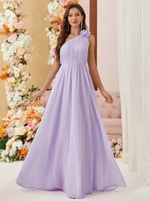 SHEIN Belle Váy dài một vai dành cho nữ Váy dài bằng vải chiffon xếp li xiên trang trí hoa oải hương chảy và thân thiện với làn da Váy phù dâu bằng vải voan thoải mái - Màu tím hoa cà - Xem 4