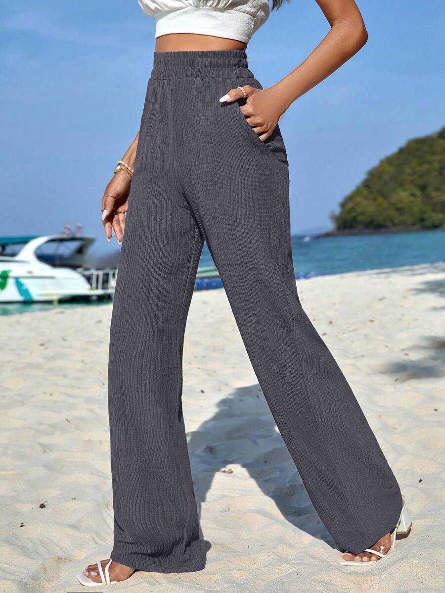 EURMUSE High Waist Slant Pocket Straight Leg Pants - Dark Grey - View 1