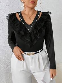 SHEIN Privé Women'S Plus Size Multi-Layered Mesh Lace Hollow Out T-Shirt - Black - View 3