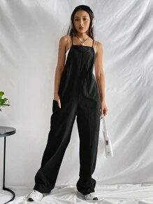 SHEIN EZwear 女式純色細肩寬腿連身褲 - 黑色 - 查看 3