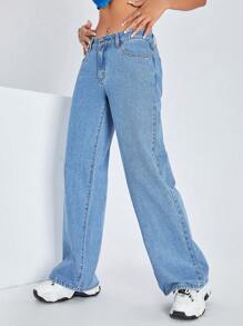 SHEIN ICON 斜袋闊腿牛仔褲 - 中等水洗藍 - 查看 3