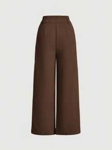SHEIN MOD Women'S Solid Color Button Detail Folded Wide Leg Pants - Brown - View 2