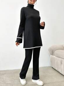 EURMUSE Women's High Neck Ribbed Long Sleeve T-Shirt And Pants Two Piece Set - Black - View 4