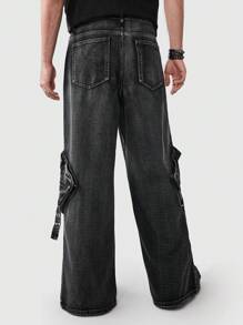 ROMWE MEN Grunge Punk Nam Chân thẳng Denim Quần jean Với túi Đồ trang trí - màu đen - Xem 2