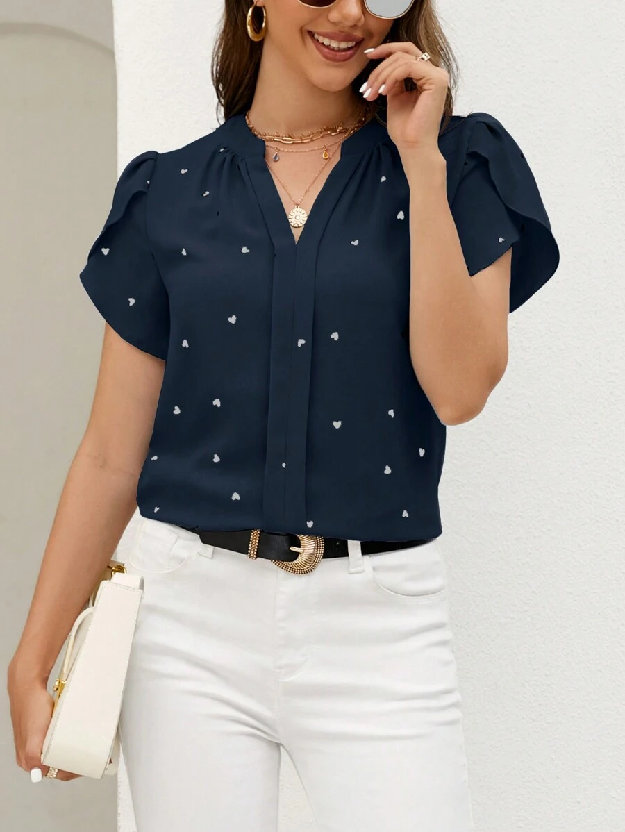 SHEIN Clasi Short Sleeve Embroidered Notched Neck Printed Casual Daily Summer Top Mother Day - Navy Blue - View 1