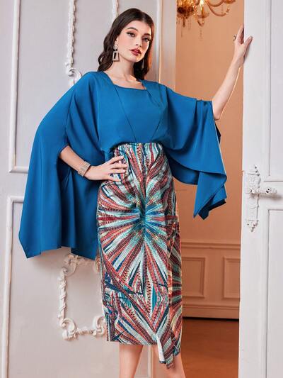 Women's Patchwork Floral Side Slit Sleeves Dress Long Evening Dresses