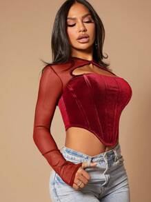 SHEIN SXY Top de corsé ajustado con contraste de terciopelo rojo y malla - Rojo - Ver 4
