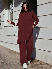 SHEIN Cottnline Solid Color Long Sweater And Knitted Pants Two Piece Set - Burgundy - View 5