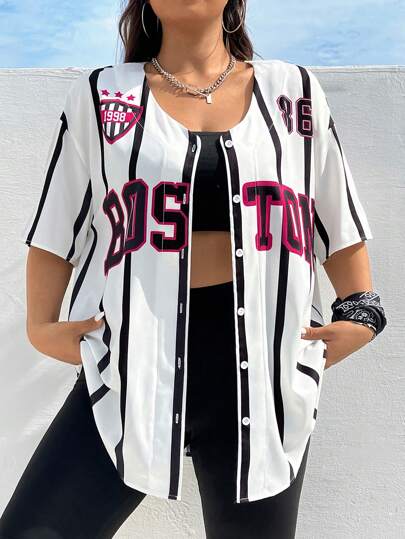 Muchica Blusa de hombros caídos con rayas y gráfico de letras para mujer de talla grande