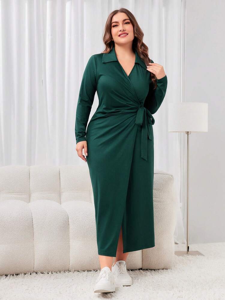 Plus Size Women'S Wrap Collar Design Dress