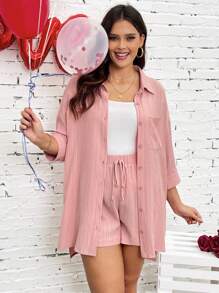 SHEIN LUNE 大碼女性粉色休閒襯衫和短褲,春夏寬鬆日常/家居服裝套裝 - 淺粉色 - 查看 4
