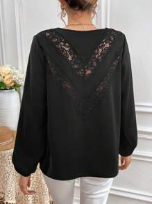 SHEIN Frenchy Comfortable And Skin Friendly Satin Fabric, With A Romantic And Elegant Lace Back Stitching Design, And A Versatile Black Pullover Top