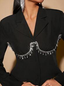 Hauture Rhinestone Fringe Trim Lapel Neck Fashion Blazer