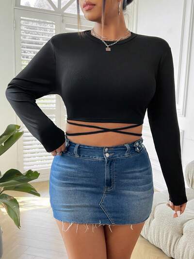 Plus Size Women's Waist Tie Slim Fit T-Shirt With Design Element