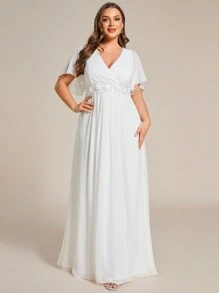 Plus Size Chiffon Floral Applique Short Sleeve Bridal Shower Dress Bachelorette Party White Dress Wedding Dress For Bride Engagement Dresses - White - View 4
