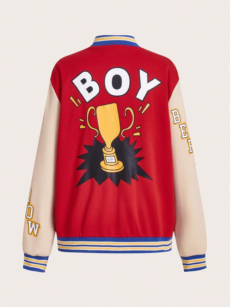 Color-contrast Alphabet & Trophy Print Varsity Baseball Jacket In College Style