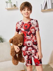 SHEIN Tween Boy Snug Fit Casual Bear Pattern Print Round Neck Short Sleeve Top And Shorts  Knit Pajama Set - Multicolor - View 1