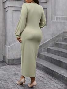 Calvaya Plus Size Women's Twisted Knot Lantern Sleeve Dress - Green - View 2