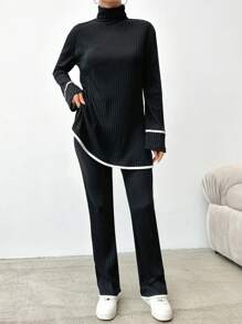EURMUSE Women's High Neck Ribbed Long Sleeve T-Shirt And Pants Two Piece Set - Black - View 1