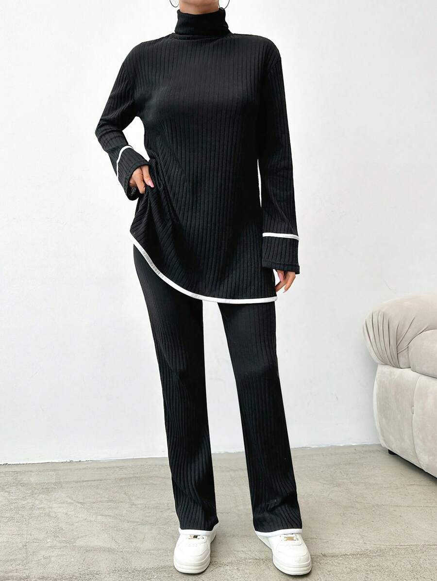 EURMUSE Women's High Neck Ribbed Long Sleeve T-Shirt And Pants Two Piece Set - Black - View 1