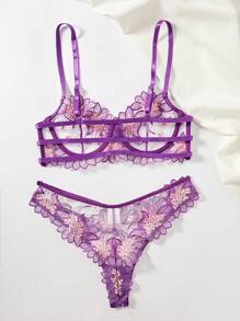 Của phụ nữ Thêu hoa Lưới Nội y sexy Bộ - Màu tím - Xem 2