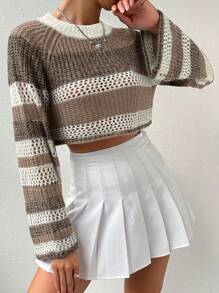 Flirla Women's Color Block Striped Round Neck Raglan Sleeve Casual Knit Pullover Fall Winter Sweater - Mocha Brown - View 3