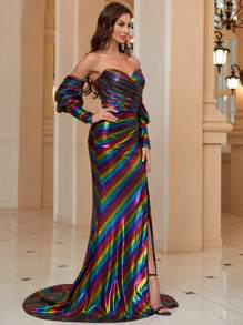 SHEIN Belle Open Shoulder Lantern Sleeve, Split Hem Holographic Evening Party Dress With Fishtail Hem - Multicolor - View 7