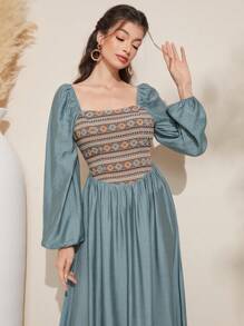 Al Najma 女士幾何印花燈籠袖連身裙 - 綠色 - 查看 1