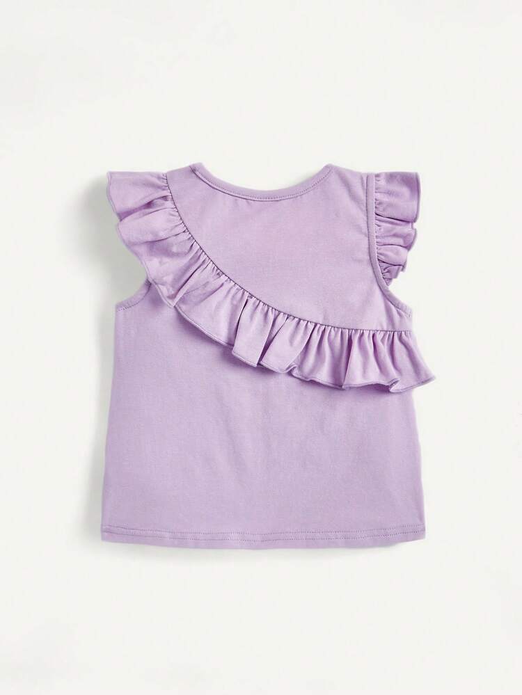 2pcs Baby Girls' Sleeveless Ruffle Trim Round Neck Top Set, Solid Color