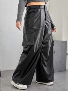 SHEIN EZwear Women's Plus Size Pu Cargo Pants - Black