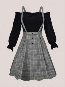 Franclia Bell Sleeve Plaid Two-In-One Dress Fall Cloth For Women - Grey - View 1