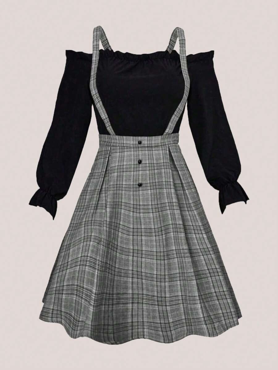 Franclia Bell Sleeve Plaid Two-In-One Dress Fall Cloth For Women - Grey - View 1