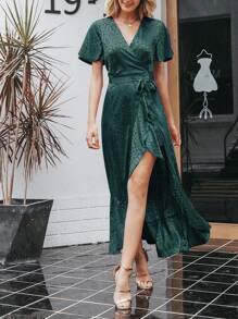 Simplee Flutter Sleeve Wrap Belted Jacquard Satin Dress - Green - View 1